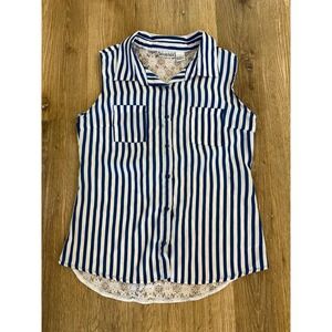 Striped Lace Back Sleeveless Top Womens L Blue White Nautical Preppy Coastal